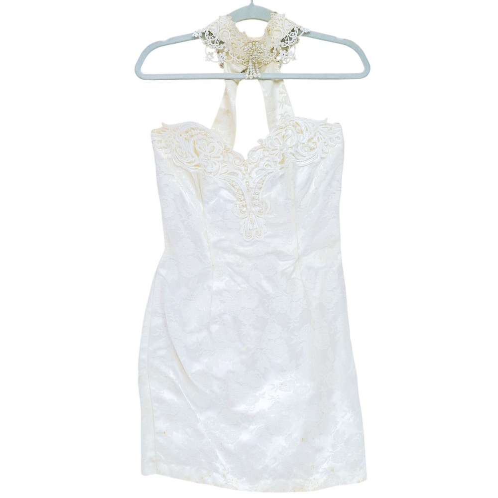 Gunne Sax Bridal Cocktail Choker Dress 10 Pearl Beaded Lace Embroidered Jacquard